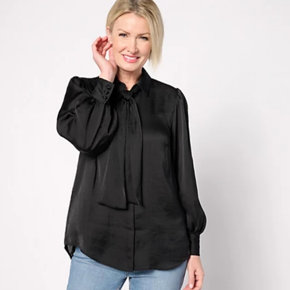 Dennis Basso Button-Front Blouse with Tie Neck, Black, Sz 1x